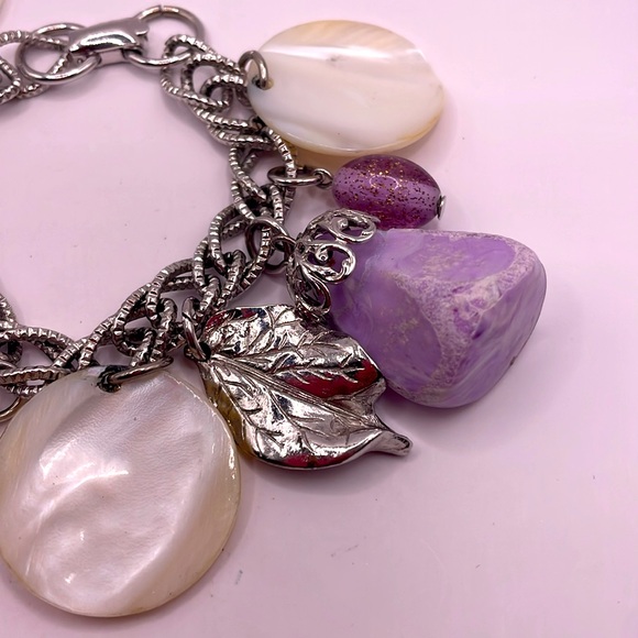 Vintage Silver Tone Leaf Mother of Pearl Beaded Charm Bangle Statement Bracelet - Picture 2 of 2